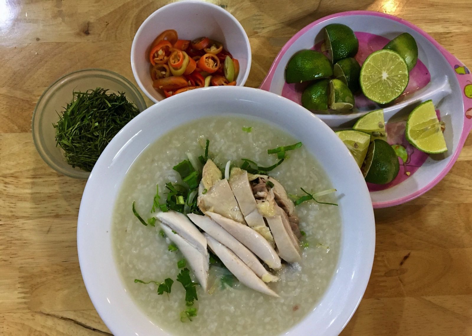 Cháo Gà - Vietnamese Rice Porridge Lime Chilli and Finely Chopped Lime Leaves