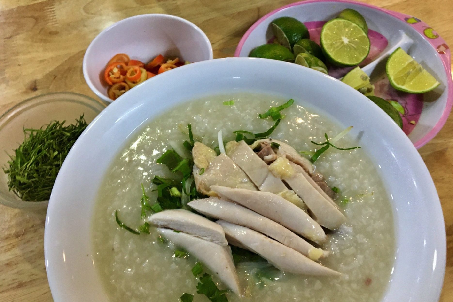 Cháo Gà - Vietnamese Rice Porridge Lime Chilli and Finely Chopped Lime Leaves